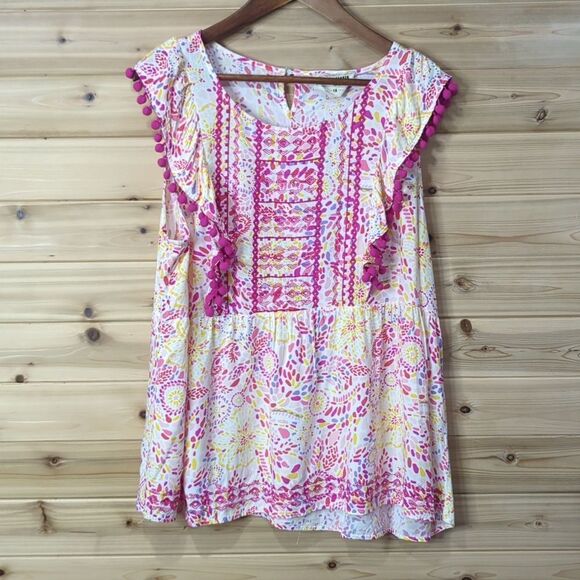 Savanna Jane Top Womens 1X Pink Printed PomPom Sleeveless Blouse Boho - Picture 1 of 9